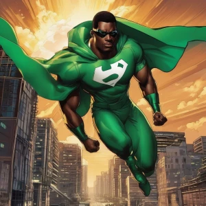 Create an image of a Nigerian superhero dramatically departing f...