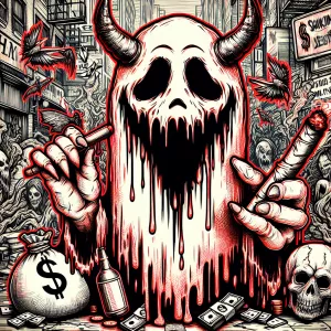 Create a bold horror themed cartoon smiley ghostface mascot logo...