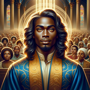 Illustrate an inspiring African-American Jesus crust with a dign...