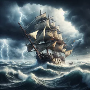 A majestic wooden ship battles against the raging storm, its sai...