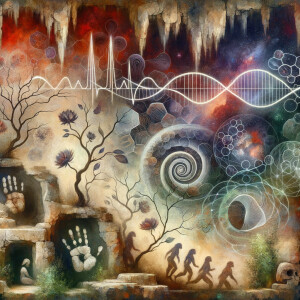 lie detector graphs, cardio, printout , branches infinity sign, cave, Art, handprints, distant birds flying, flowering vines, abstract gestural painting, dna cave drawings galaxies electrical cardiogram