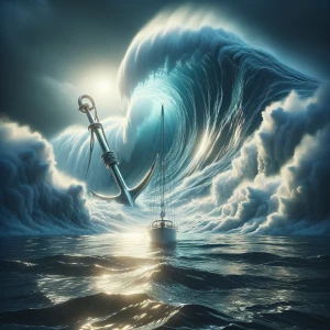Create an image depicting a sailboat facing a massive wave on th...