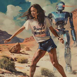 A gorgeous 23-year-old brunette woman is running away from a blu...