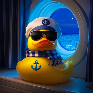 A yellow rubber duck adorned with a white sailor cap featuring a...