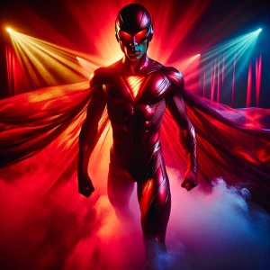 An image with cinematic lighting and shadows of a super hero The...