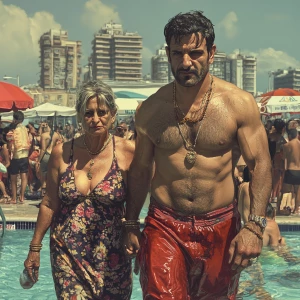 Photo paint,a muscular beefy criminal man walking with his sweat...