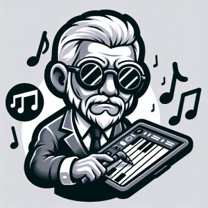 Cartoon of man  with silver hair and goatee, wearing black round...