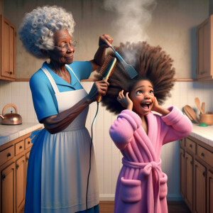 Create a realistic 3-D image of an african-American grandmother wearing a blue house dress and a white apron . She is in the kitchen with her african-American granddaughter. Her granddaughter is wearing a pink bath robe. The grandmother has a hot comb in her hand and she is straightening her granddaughters hair. One side of her granddaughters hair is in  a Afro the other straight 
There is smoke coming from the hot comb
The granddaughter is holding her ear and making a funny face