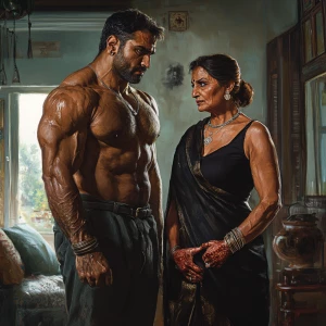 realism fantasy photo , a muscular, sweaty criminal man  greetin...