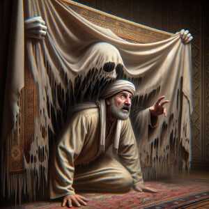 As an unsuspecting man looks beneath a cloth, draped over the cu...