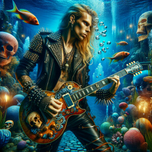 Rock star  with long blonde hair  dressed in leather and spikes playing a Les Paul guitar under water with skulls on it