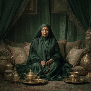 A gentle-looking elderly Muslim woman wearing a dark green thobe...
