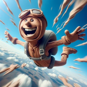 A clayman is skydiving, smiling with his arms and legs spread, w...