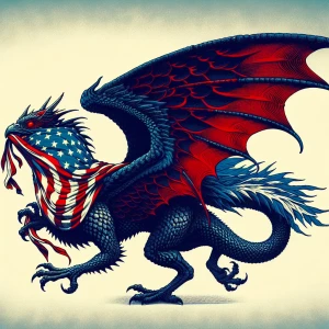 Create an image of a dark-scaled, dragon-like creature with wings—one red, the other blue—sporting a rooster's head, and clutching an American flag in its beak as it soars through the sky.