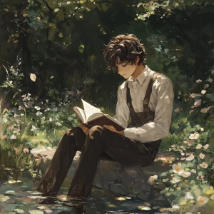 Create an image of an anime-style boy influenced by Pre-Raphaeli...