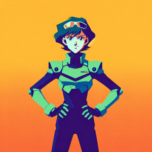 1990s anime screencap, girl a plugsuit, standing with hands on h...