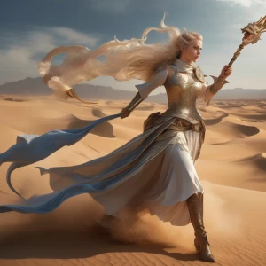 A fantasy heroine in the desert fighting off a dragon with a sti...