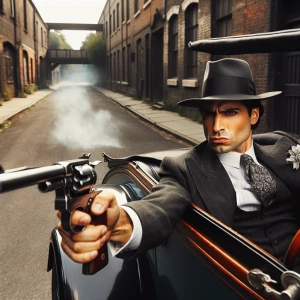 A gangster firing a gun while leaning out of a moving car.