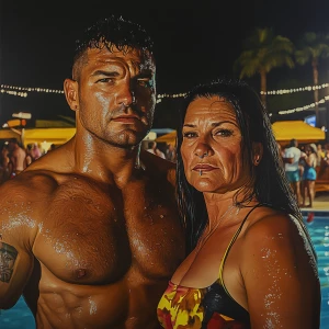 Hyperrealistic painting, a muscular, perspiring man alongside hi...