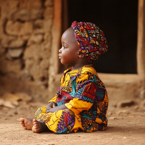 A young African child (boy) sitting in a colorful outfit
