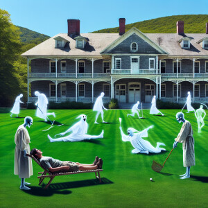 Photorealistic image . Funny, ghosts of asylum lunatics on the f...