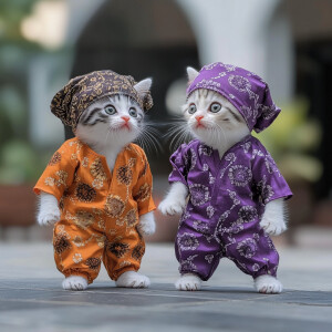 two small silver and white kittens wearing purple and orange kok...