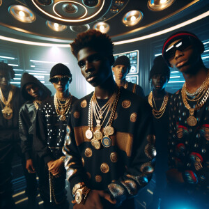 Black men and boys with gold chains in hip hop cloths in futuris...