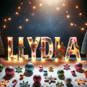 Make a Christmas theme with letters spelling Lydia with lights a...