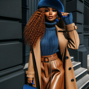 Street art, black wall African American curvy woman warm honey skin tone, full lips long volume lashes, Auburn micro braids butt length, brown siren eyes, blue nails,she’s wearing a tan leather skirt, royal blue turtleneck sweater, boots, long trench coat, fuzzy royal blue hat, blue bag, winter breeze, standing on the steps in a sophisticated pose, high definition contrast colors