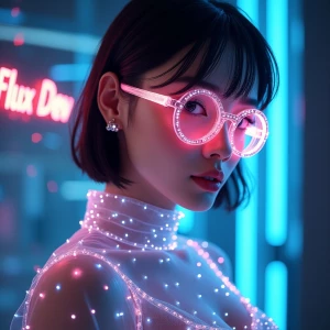 A futuristic and visually striking ["Flux Dev" text ] , A flawless digital influencer with glowing holographic accessories, smooth radiant skin, and expressive, lifelike features—designed as the ultimate AI-generated social media icon