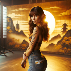 Athletic Thin skinny Attractive, Asian teenage girl, long brown hair and bangs, wearing tight skinny jeans and a halter top paint marks on her clothing, heroic pose Asian graffiti background, backside view