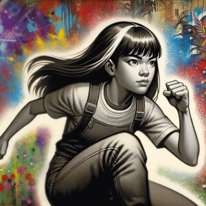 teenage girl, long brown hair and bangs, wearing tight skinny jeans and a halter top paint marks on her clothing, heroic pose Asian graffiti background, nearing on one knee