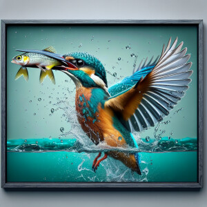 A Kingfisher bird with a minnow fish in its mouth coming out of...