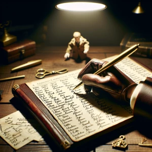 "A stop-motion wooden desk with a leather-bound fraternity ledger lies open, names handwritten in tiny, delicate calligraphy. The protagonist’s name has been erased, leaving only an unsettling smudge. The miniature hand of a mysterious figure in white gloves hovers just above the page. A golden pen lies on the desk, dripping with fresh ink. The overhead pendant light casts harsh shadows, making the scene feel like a noir crime film in stop-motion form."