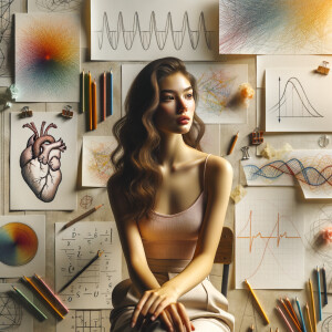 Abstract, minimalist, painting, with pencil line, paint stroke, gestures, colorful marks, mathematical equations, electrical cardiogram, printouts complex math formulas, dna asian teen girl