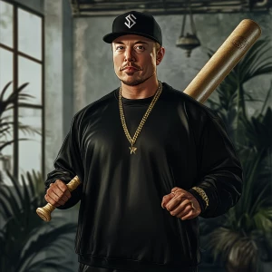 Elon Musk..Elon with black baseball cap, black track suit, gold...