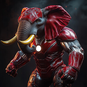 An anthropomorphic elephant  dressed in a fitted ironman costume...