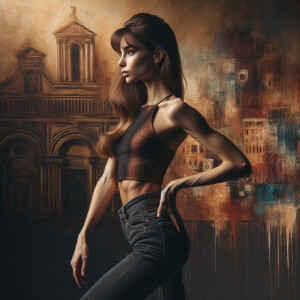 Athletic Thin skinny Attractive, Asian teenage girl, long brown hair and bangs, wearing tight skinny jeans and a halter top paint marks on her clothing, heroic pose Asian graffiti background, side view