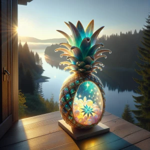 a delicate pineapple made of opal sitting on balcony in the earl...