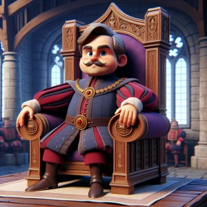 Create a digital portrait of Lord Farquaad, the antagonist from the Shrek film series, capturing his distinctive medieval attire, pompous expression, and short stature while sitting on his extravagant throne in Duloc Castle.