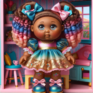 Design a 3-D realistic original African-American Cabbage Patch doll. She has on a blue pink and gold dress with matching booties. She has pink and blue bows in her hair. she lives inside of a colorful dollhouse. She has freckles and big dimples.