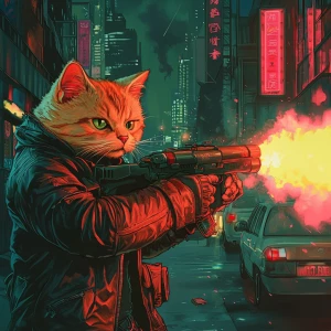 A humanoid cat in a leather jacket is firing rocket launchers du...