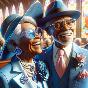 Create a heartwarming and detailed realistic 3-D image of an elderly African American couple sharing a moment of joy and laughter. The woman is stylishly dressed in a blue church suit with a matching wide-brimmed hat and bedazzled, blue-tinted glasses that sparkle with personality. Her jewelry is elegant and classic, featuring pearls and matching blue diamond earrings. The man is dapper in a sharp blue suit with a pink tie and pocket square, his glasses adding a touch of sophistication. They are at a church event, the stained glass windows casting a colorful glow around them. Their expressions are filled with happiness, reflecting a life well-lived and a relationship filled with love.