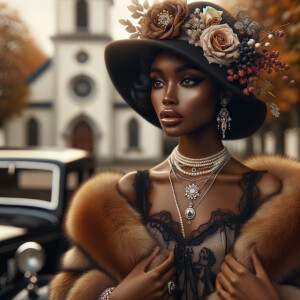 Create an image of a sophisticated woman with dark skin, wearing...