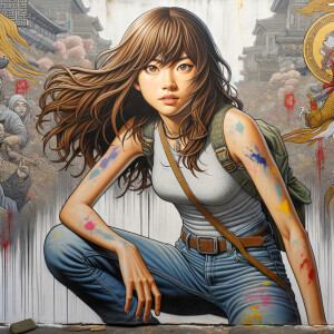 teenage girl, long brown hair and bangs, wearing tight skinny je...