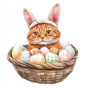 Cat with plush bunny ears headband, watercolor, illustration, si...