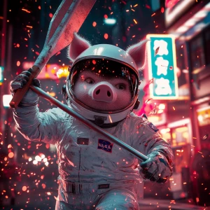 Cute cartoon pig in vintage white spacesuit and NASA style helme...