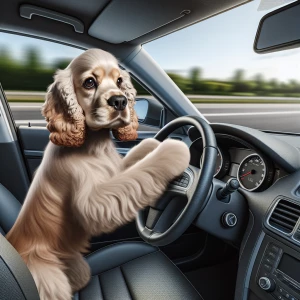 Photo Realistic image Cream Cocker spaniel behind steering wheel in car driving car. Dog holding onto steering wheel driving down road View of front of car . Dig looking out front window. Hood of . View outside of car