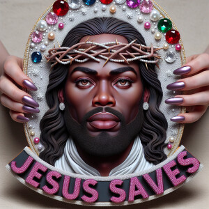 A 3D realistic artwork featuring the phrase 'Jesus Saves' adorne...