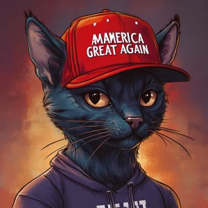 A humanoid cat character wearing a red baseball cap with "MAKE A...